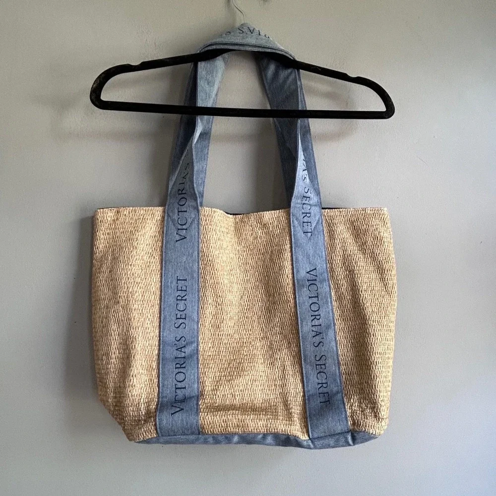 Victoria's Secret Straw Tote Bag Blue Denim Trim Beach Summer Logo 11232338